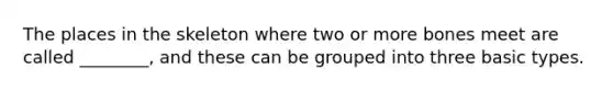The places in the skeleton where two or more bones meet are called ________, and these can be grouped into three basic types.