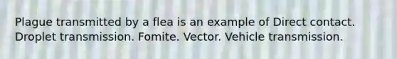 Plague transmitted by a flea is an example of Direct contact. Droplet transmission. Fomite. Vector. Vehicle transmission.