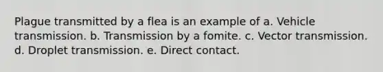 Plague transmitted by a flea is an example of a. Vehicle transmission. b. Transmission by a fomite. c. Vector transmission. d. Droplet transmission. e. Direct contact.