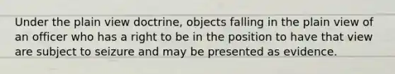 Under the plain view doctrine, objects falling in the plain view of an officer who has a right to be in the position to have that view are subject to seizure and may be presented as evidence.