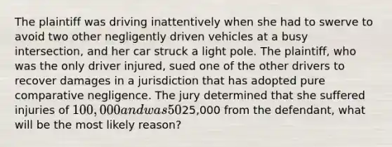 The plaintiff was driving inattentively when she had to swerve to avoid two other negligently driven vehicles at a busy intersection, and her car struck a light pole. The plaintiff, who was the only driver injured, sued one of the other drivers to recover damages in a jurisdiction that has adopted pure comparative negligence. The jury determined that she suffered injuries of 100,000 and was 50% at fault. If the plaintiff is awarded a recovery of only25,000 from the defendant, what will be the most likely reason?