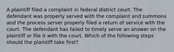 A plaintiff filed a complaint in federal district court. The defendant was properly served with the complaint and summons and the process server properly filed a return of service with the court. The defendant has failed to timely serve an answer on the plaintiff or file it with the court. Which of the following steps should the plaintiff take first?