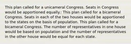 This plan called for a unicameral Congress. Seats in Congress would be apportioned equally.: This plan called for a bicameral Congress. Seats in each of the two houses would be apportioned to the states on the basis of population. This plan called for a bicameral Congress. The number of representatives in one house would be based on population and the number of representatives in the other house would be equal for each state.