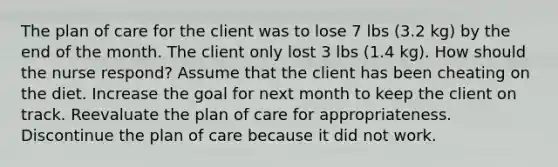 The plan of care for the client was to lose 7 lbs (3.2 kg) by the end of the month. The client only lost 3 lbs (1.4 kg). How should the nurse respond? Assume that the client has been cheating on the diet. Increase the goal for next month to keep the client on track. Reevaluate the plan of care for appropriateness. Discontinue the plan of care because it did not work.