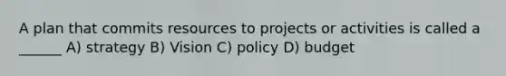 A plan that commits resources to projects or activities is called a ______ A) strategy B) Vision C) policy D) budget