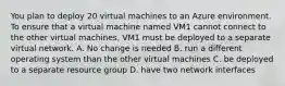 You plan to deploy 20 virtual machines to an Azure environment. To ensure that a virtual machine named VM1 cannot connect to the other virtual machines, VM1 must be deployed to a separate virtual network. A. No change is needed B. run a different operating system than the other virtual machines C. be deployed to a separate resource group D. have two network interfaces