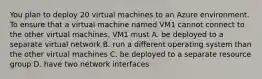 You plan to deploy 20 virtual machines to an Azure environment. To ensure that a virtual machine named VM1 cannot connect to the other virtual machines, VM1 must A. be deployed to a separate virtual network B. run a different operating system than the other virtual machines C. be deployed to a separate resource group D. have two network interfaces