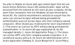 You plan to deploy an Azure web app named App1 that will use Azure Active Directory (Azure AD) authentication. App1 will be accessed from the internet by the users at your company. All the users have computers that run Windows 10 and are joined to Azure AD. You need to recommend a solution to ensure that the users can connect to App1 without being prompted for authentication and can access App1 only from company-owned computers. What should you recommend for each requirement? 1.) The Users can connect to APP1 without being prompted for authentication: A. An Azure AD app registration B. An AD managed identity C. Azure AD Application Proxy 2.) The Users can access APP1 only from company-owned computers: A. A conditional access policy B. An Azure AD administrative unit C. Azure Application Gateway D. Azure Blueprints E. Azure Policy