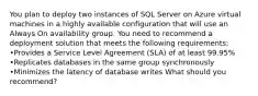 You plan to deploy two instances of SQL Server on Azure virtual machines in a highly available configuration that will use an Always On availability group. You need to recommend a deployment solution that meets the following requirements: •Provides a Service Level Agreement (SLA) of at least 99.95% •Replicates databases in the same group synchronously •Minimizes the latency of database writes What should you recommend?