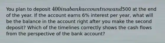 You plan to deposit 400 in a bank account now and500 at the end of the year. If the account earns 6% interest per​ year, what will be the balance in the account right after you make the second​ deposit? Which of the timelines correctly shows the cash flows from the perspective of the bank​ account?