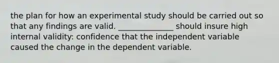 the plan for how an experimental study should be carried out so that any findings are valid. ______________ should insure high internal validity: confidence that the independent variable caused the change in the dependent variable.