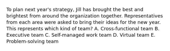 To plan next​ year's strategy, Jill has brought the best and brightest from around the organization together. Representatives from each area were asked to bring their ideas for the new year. This represents which kind of​ team? A. ​Cross-functional team B. Executive team C. ​Self-managed work team D. Virtual team E. ​Problem-solving team