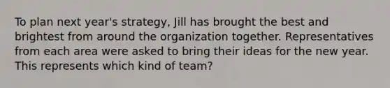 To plan next​ year's strategy, Jill has brought the best and brightest from around the organization together. Representatives from each area were asked to bring their ideas for the new year. This represents which kind of​ team?