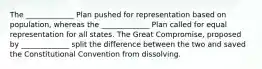 The _____________ Plan pushed for representation based on population, whereas the _____________ Plan called for equal representation for all states. The Great Compromise, proposed by _____________ split the difference between the two and saved the Constitutional Convention from dissolving.