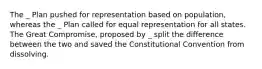 The _ Plan pushed for representation based on population, whereas the _ Plan called for equal representation for all states. The Great Compromise, proposed by _ split the difference between the two and saved the Constitutional Convention from dissolving.