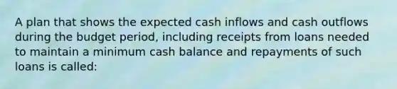 A plan that shows the expected cash inflows and cash outflows during the budget period, including receipts from loans needed to maintain a minimum cash balance and repayments of such loans is called: