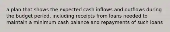 a plan that shows the expected cash inflows and outflows during the budget period, including receipts from loans needed to maintain a minimum cash balance and repayments of such loans