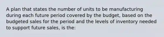 A plan that states the number of units to be manufacturing during each future period covered by the budget, based on the budgeted sales for the period and the levels of inventory needed to support future sales, is the: