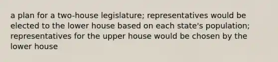 a plan for a two-house legislature; representatives would be elected to the lower house based on each state's population; representatives for the upper house would be chosen by the lower house