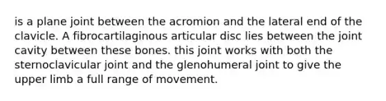 is a plane joint between the acromion and the lateral end of the clavicle. A fibrocartilaginous articular disc lies between the joint cavity between these bones. this joint works with both the sternoclavicular joint and the glenohumeral joint to give the upper limb a full range of movement.