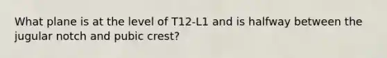 What plane is at the level of T12-L1 and is halfway between the jugular notch and pubic crest?