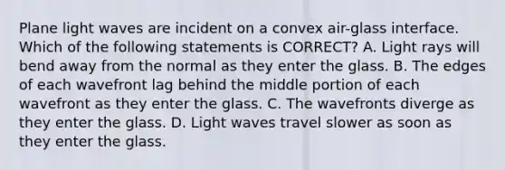 Plane light waves are incident on a convex air-glass interface. Which of the following statements is CORRECT? A. Light rays will bend away from the normal as they enter the glass. B. The edges of each wavefront lag behind the middle portion of each wavefront as they enter the glass. C. The wavefronts diverge as they enter the glass. D. Light waves travel slower as soon as they enter the glass.