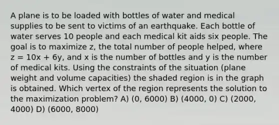 A plane is to be loaded with bottles of water and medical supplies to be sent to victims of an earthquake. Each bottle of water serves 10 people and each medical kit aids six people. The goal is to maximize z, the total number of people helped, where z = 10x + 6y, and x is the number of bottles and y is the number of medical kits. Using the constraints of the situation (plane weight and volume capacities) the shaded region is in the graph is obtained. Which vertex of the region represents the solution to the maximization problem? A) (0, 6000) B) (4000, 0) C) (2000, 4000) D) (6000, 8000)