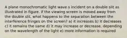 A plane monochromatic light wave s incident on a double slit as illustrated in figure. if the viewing screen is moved away from the double slit, what happens to the separation between the interference fringes on the screen? a) it increases b) it decreases c) it remains the same d) it may increase or decrease, depending on the wavelength of the light e) more information is required