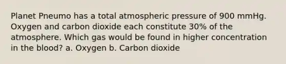 Planet Pneumo has a total atmospheric pressure of 900 mmHg. Oxygen and carbon dioxide each constitute 30% of the atmosphere. Which gas would be found in higher concentration in the blood? a. Oxygen b. Carbon dioxide