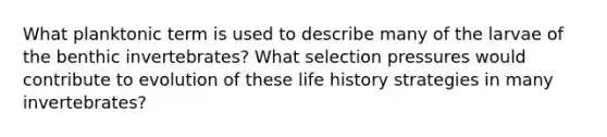 What planktonic term is used to describe many of the larvae of the benthic invertebrates? What selection pressures would contribute to evolution of these life history strategies in many invertebrates?