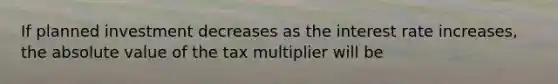 If planned investment decreases as the interest rate increases, the absolute value of the tax multiplier will be