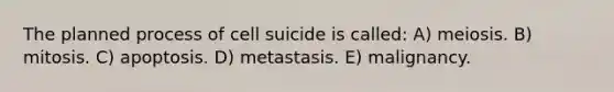 The planned process of cell suicide is called: A) meiosis. B) mitosis. C) apoptosis. D) metastasis. E) malignancy.