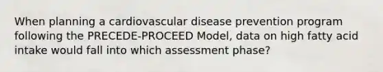 When planning a cardiovascular disease prevention program following the PRECEDE-PROCEED Model, data on high fatty acid intake would fall into which assessment phase?