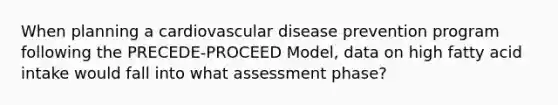 When planning a cardiovascular disease prevention program following the PRECEDE-PROCEED Model, data on high fatty acid intake would fall into what assessment phase?