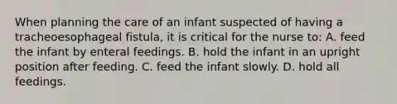 When planning the care of an infant suspected of having a tracheoesophageal fistula, it is critical for the nurse to: A. feed the infant by enteral feedings. B. hold the infant in an upright position after feeding. C. feed the infant slowly. D. hold all feedings.