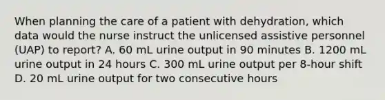 When planning the care of a patient with dehydration, which data would the nurse instruct the unlicensed assistive personnel (UAP) to report? A. 60 mL urine output in 90 minutes B. 1200 mL urine output in 24 hours C. 300 mL urine output per 8-hour shift D. 20 mL urine output for two consecutive hours