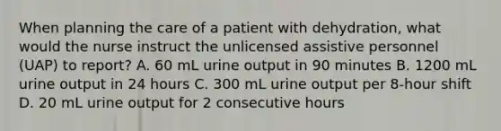 When planning the care of a patient with dehydration, what would the nurse instruct the unlicensed assistive personnel (UAP) to report? A. 60 mL urine output in 90 minutes B. 1200 mL urine output in 24 hours C. 300 mL urine output per 8-hour shift D. 20 mL urine output for 2 consecutive hours