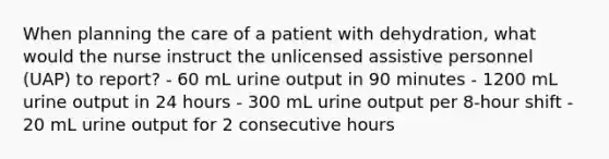 When planning the care of a patient with dehydration, what would the nurse instruct the unlicensed assistive personnel (UAP) to report? - 60 mL urine output in 90 minutes - 1200 mL urine output in 24 hours - 300 mL urine output per 8-hour shift - 20 mL urine output for 2 consecutive hours