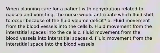 When planning care for a patient with dehydration related to nausea and vomiting, the nurse would anticipate which fluid shift to occur because of the fluid volume deficit? a. Fluid movement from the blood vessels into the cells b. Fluid movement from the interstitial spaces into the cells c. Fluid movement from the blood vessels into interstitial spaces d. Fluid movement from the interstitial space into the blood vessels