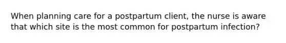 When planning care for a postpartum client, the nurse is aware that which site is the most common for postpartum infection?