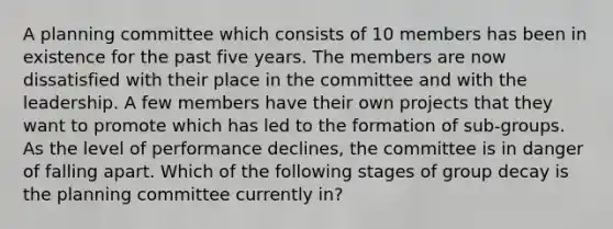 A planning committee which consists of 10 members has been in existence for the past five years. The members are now dissatisfied with their place in the committee and with the leadership. A few members have their own projects that they want to promote which has led to the formation of sub-groups. As the level of performance declines, the committee is in danger of falling apart. Which of the following stages of group decay is the planning committee currently in?