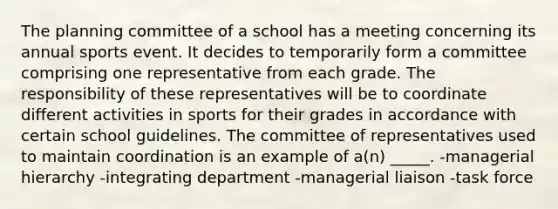 The planning committee of a school has a meeting concerning its annual sports event. It decides to temporarily form a committee comprising one representative from each grade. The responsibility of these representatives will be to coordinate different activities in sports for their grades in accordance with certain school guidelines. The committee of representatives used to maintain coordination is an example of a(n) _____. -managerial hierarchy -integrating department -managerial liaison -task force