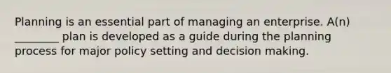 Planning is an essential part of managing an enterprise. A(n) ________ plan is developed as a guide during the planning process for major policy setting and <a href='https://www.questionai.com/knowledge/kuI1pP196d-decision-making' class='anchor-knowledge'>decision making</a>.