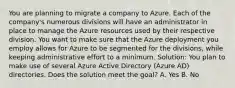 You are planning to migrate a company to Azure. Each of the company's numerous divisions will have an administrator in place to manage the Azure resources used by their respective division. You want to make sure that the Azure deployment you employ allows for Azure to be segmented for the divisions, while keeping administrative effort to a minimum. Solution: You plan to make use of several Azure Active Directory (Azure AD) directories. Does the solution meet the goal? A. Yes B. No