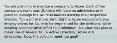 You are planning to migrate a company to Azure. Each of the company's numerous divisions will have an administrator in place to manage the Azure resources used by their respective division. You want to make sure that the Azure deployment you employ allows for Azure to be segmented for the divisions, while keeping administrative effort to a minimum. Solution: You plan to make use of several Azure Active Directory (Azure AD) directories. Does the solution meet the goal?