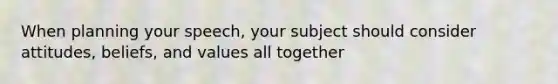 When planning your speech, your subject should consider attitudes, beliefs, and values all together