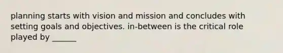 planning starts with vision and mission and concludes with setting goals and objectives. in-between is the critical role played by ______