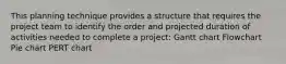 This planning technique provides a structure that requires the project team to identify the order and projected duration of activities needed to complete a project: Gantt chart Flowchart Pie chart PERT chart