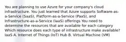 You are planning to use Azure for your company's cloud infrastructure. You just learned that Azure supports Software-as-a-Service (SaaS), Platform-as-a-Service (PaaS), and Infrastructure-as-a-Service (IaaS) offerings You need to determine the resources that are available for each category Which resource does each type of infrastructure make available? IaaS A. Internet of Things (IoT) Hub B. Virtual Machine (VM)