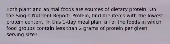 Both plant and animal foods are sources of dietary protein. On the Single Nutrient Report: Protein, find the items with the lowest protein content. In this 1-day meal plan, all of the foods in which food groups contain less than 2 grams of protein per given serving size?